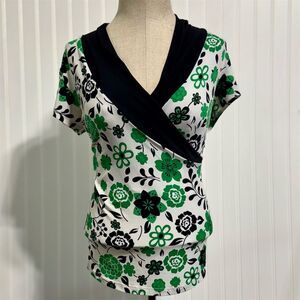 Vintage Y2K Studio Y Top‎ Small Green Floral Surplice Faux Wrap Made in USA